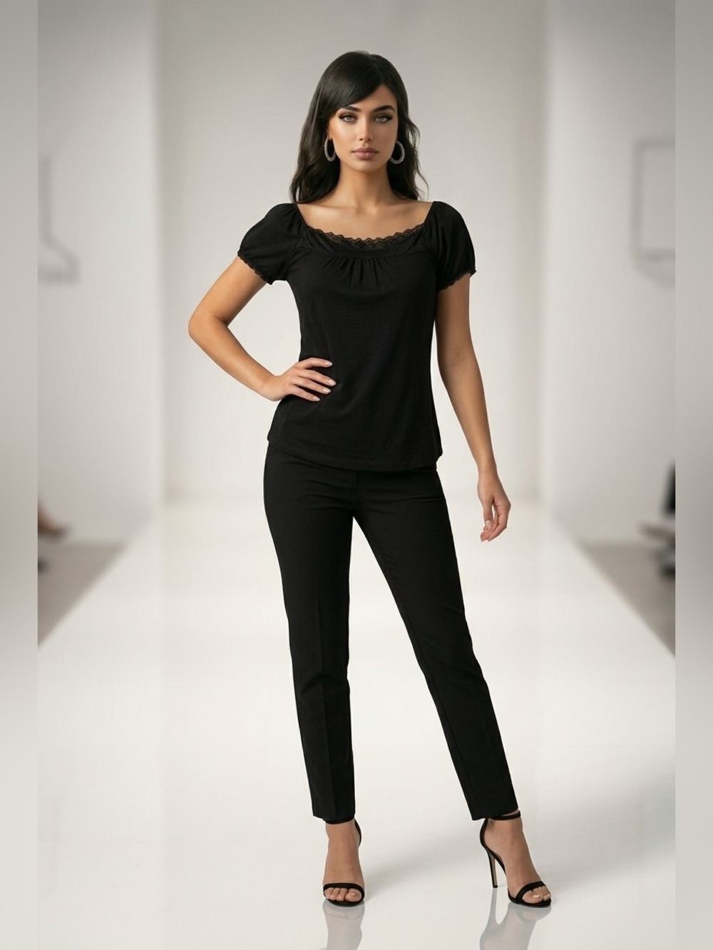 Jones New York Sport Black Lace Trim Cotton Blouse Top Size Medium NWT